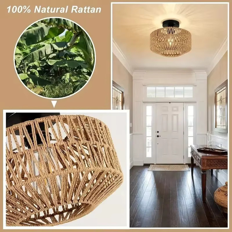 IRALAN Retro Pendelleuchte aus Bambus und Rattan in Braun, handgewebter Lampenschirm in runder Form für E27 LED, Durchmesser: 30 cm - Bild 3