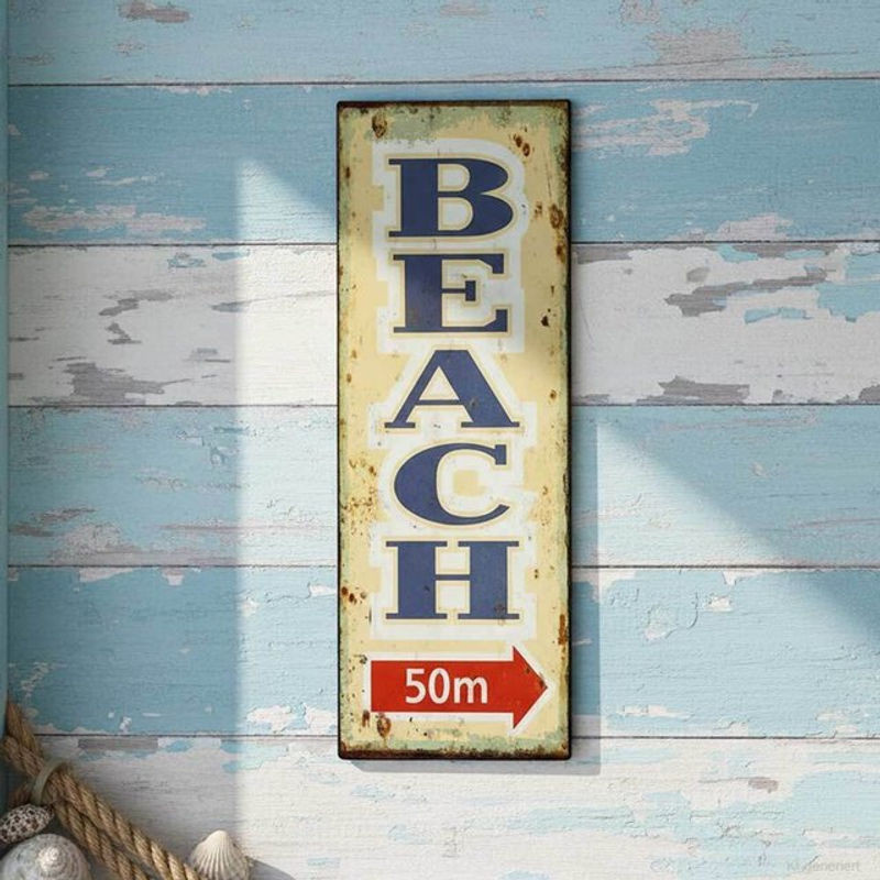 Blechschild BEACH 50m Retro Vintage-Deko Wegweiser aus Metall, mehrfarbig, B: 36 cm, H: 13 cm - Bild 1