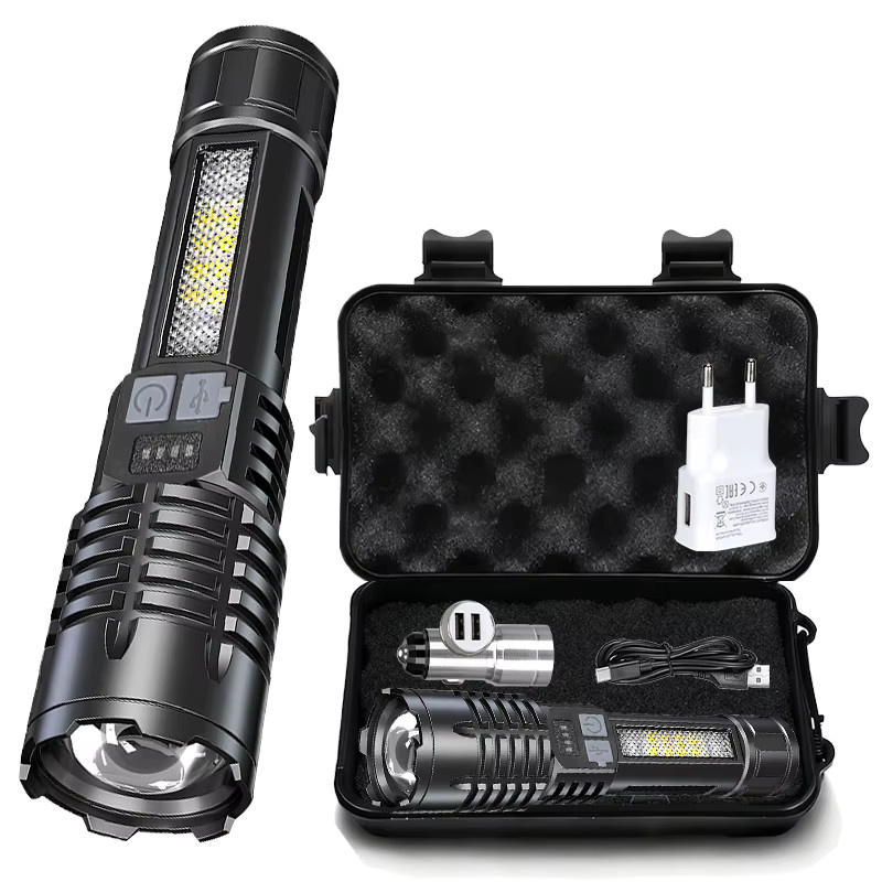 XIWANGFIRE COB-LED-Taschenlampe in Schwarz, USB wiederaufladbar, zoombar mit Seitenlicht, wasserdicht für Camping, Wandern und Notfälle - Bild 7