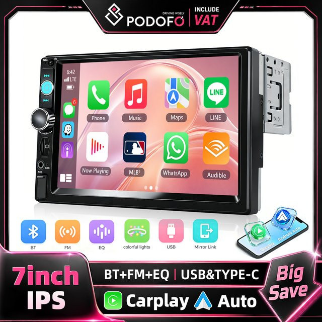 Podofo 7 Zoll 1 Din MP5 Multimedia-Autoradio mit Carplay, Android Auto und Bluetooth in Schwarz - Bild 1