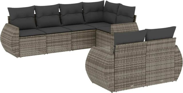 vidaXL 7-tlg Garten-Sofagarnitur in L-Form aus Poly Rattan in Grau mit Kissen und Stauraum - Bild 1