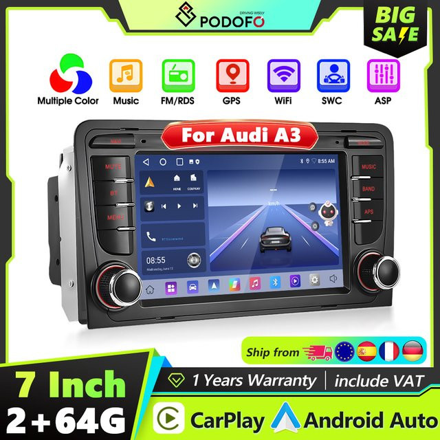 Podofo 2DIN Intelligentes Autosystem mit Carplay, Android Auto, Mirror Link, GPS und WLAN für Audi A3 8P 8P1 S3 RS3 Sportback in Schwarz - Bild 1