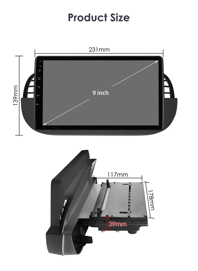 Hizpo 2Din Android Autoradio für FIAT 500 (2007–2014) mit 9 Zoll Display, CarPlay, 4G, Bluetooth, GPS und Navigation in Schwarz - Bild 4