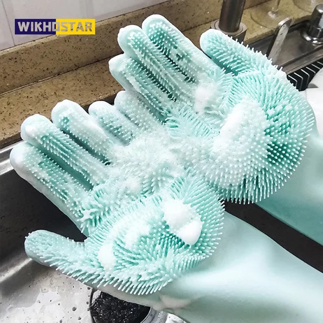 Wikhostar Silikon Spülhandschuhe mit integrierter Bürste für die Küchenreinigung, 1 Paar - Bild 1