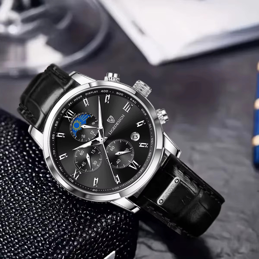 LIGE Armbanduhr, Quarzuhr, Leder, Schwarz, Silber, Herren - Bild 2