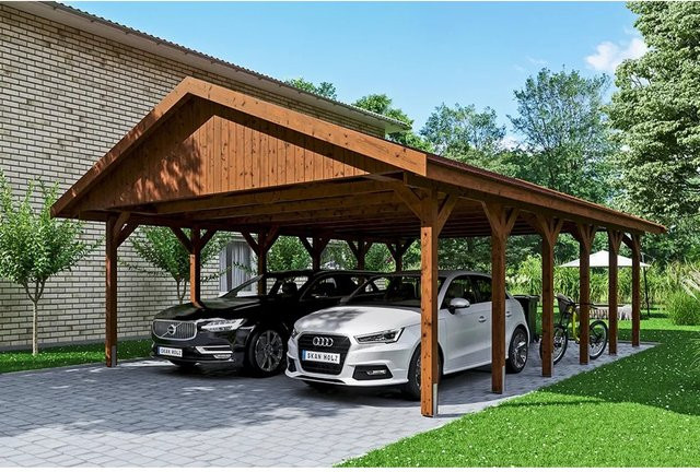 SKANHOLZ Carport Wallgau Satteldach in Nussbaum mit roten Schindeln, B/T: 620 x 900 cm, Höhe: 354 cm - Bild 1
