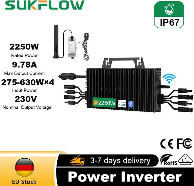 SUKFLOW Solar-Wechselrichter 2250W mit MPPT und Anti-Rückfluss, Reine Sinuswelle, Schwarz, VDE-konform und CE-zertifiziert für deinen deutschen Balkon-Photovoltaik-Anschluss - Bild 1