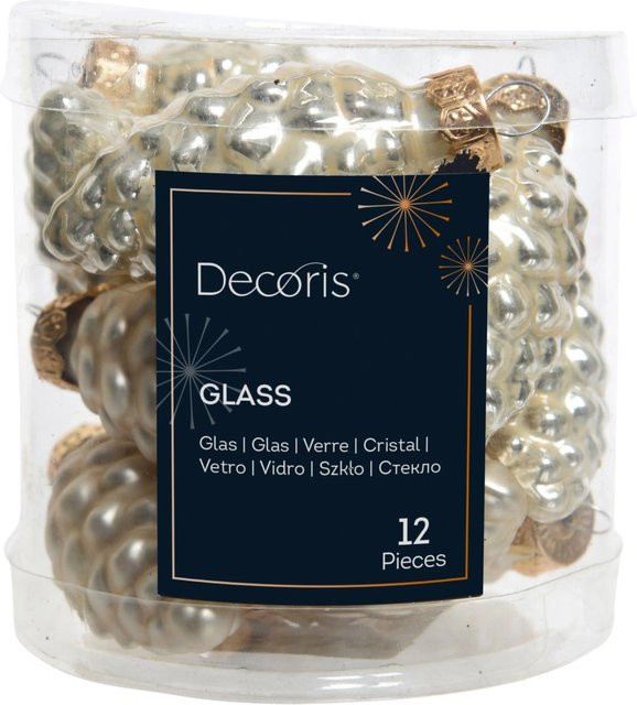 Decoris Weihnachtsbaum-Anhänger Zapfen aus Glas mit Perlen in Weiß, Beige und Silber, 12 Stück, B: 2,5 cm, H: 6 cm - Bild 1