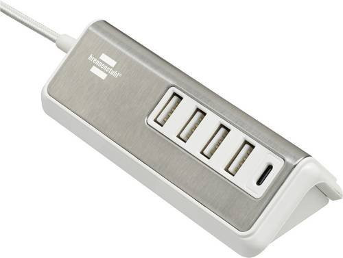 Brennenstuhl estilo USB-Multiladegerät mit Schnellladefunktion, 1x USB-C und 4x USB-Buchsen, Edelstahl-Oberfläche, Weiß/Silber - Bild 1