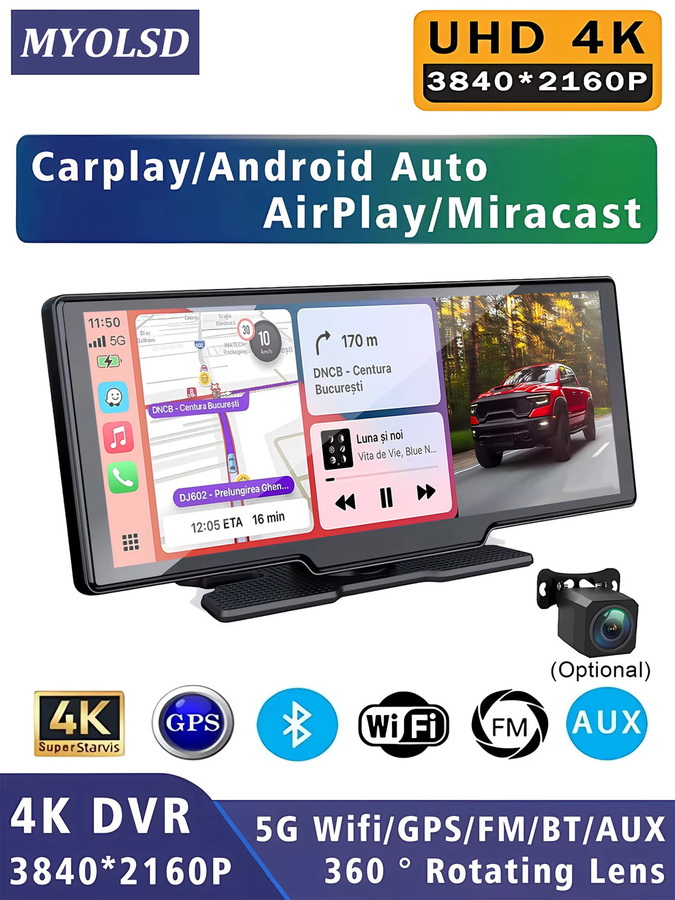 MYOLSD 4K Dashcam Auto-DVR mit Carplay und Android Auto, Rückspiegelkamera mit GPS, 5G WLAN und Bluetooth, Schwarz - Bild 7