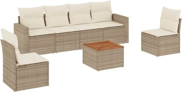 vidaXL 7-teilige Garten-Sofagarnitur aus Poly-Rattan und Akazienholz in Beige-Creme mit Kissen - Bild 1