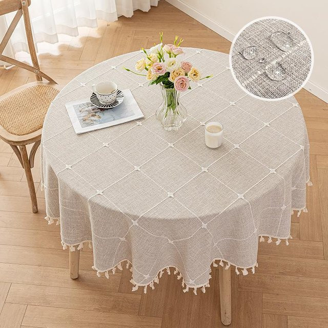 Runde Jacquard Tischdecke von the BAY in Beige, wasserabweisend und verschleißfest, Durchmesser: 260 cm - Bild 1