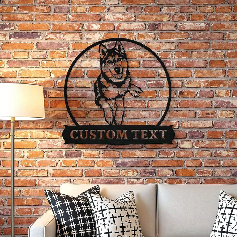 Personalisierte Husky Hund Wandkunst aus Metall in Schwarz – Rundes Metallschild Hello Young als rustikale Dekoration für Innen und Außen - Bild 4
