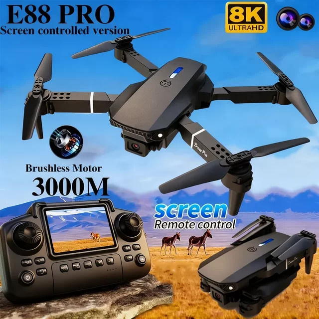 Professionelle E88 RC Drohne mit 8K HD Weitwinkel Kamera, WiFi FPV, faltbarer Quadrocopter mit Höhenhaltung in Schwarz - Bild 1