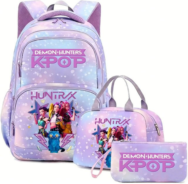3-teiliges Schulrucksack-Set aus Oxford-Stoff mit Schultasche und Federmäppchen in Grau und Lila - Bild 1