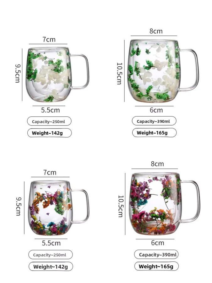 Doppelschichtiger Borosilikatglas Becher mit floralem Design und getrockneten Blumen, transparent, 250 ml - Bild 4
