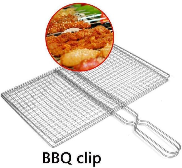 Grillkorb aus Stahl mit Mesh-Netz und Klemme für Fleisch, Fisch und Gemüse in Silber - Bild 1