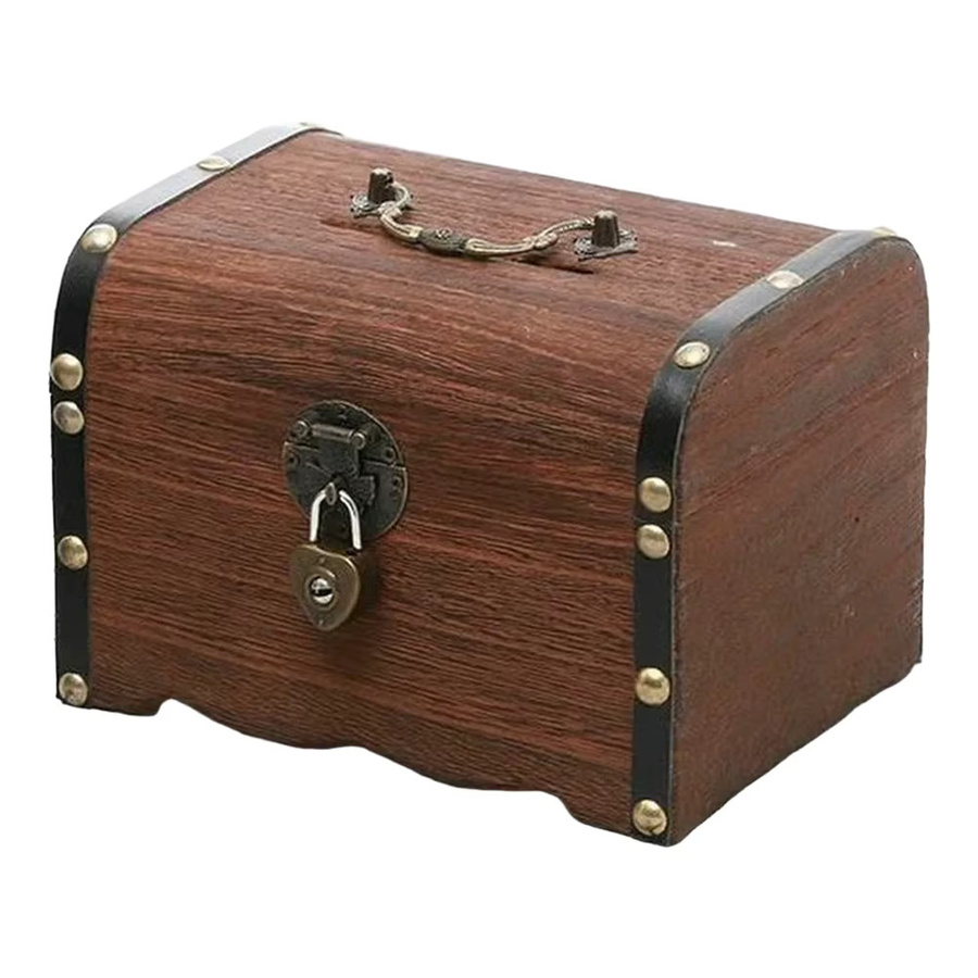 LEENKEA Spartopf aus Holz in Braun mit Schloss und Schlüssel als sicheres Sparschwein und Organizer im Vintage-Design, B/T/H: 14,5 x 10,0 x 9,5 cm - Bild 3