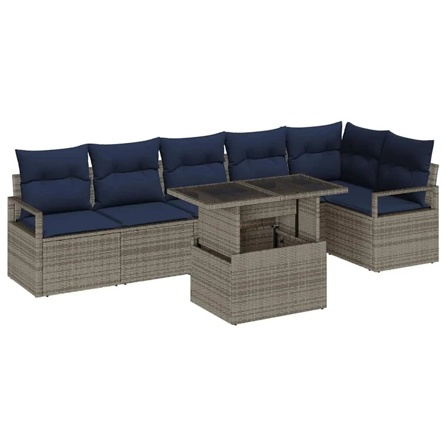 vidaXL Gartensofa-Set aus Poly-Rattan in Grau und Marineblau mit 7-teiligem Polster-Set und Tisch - Bild 2