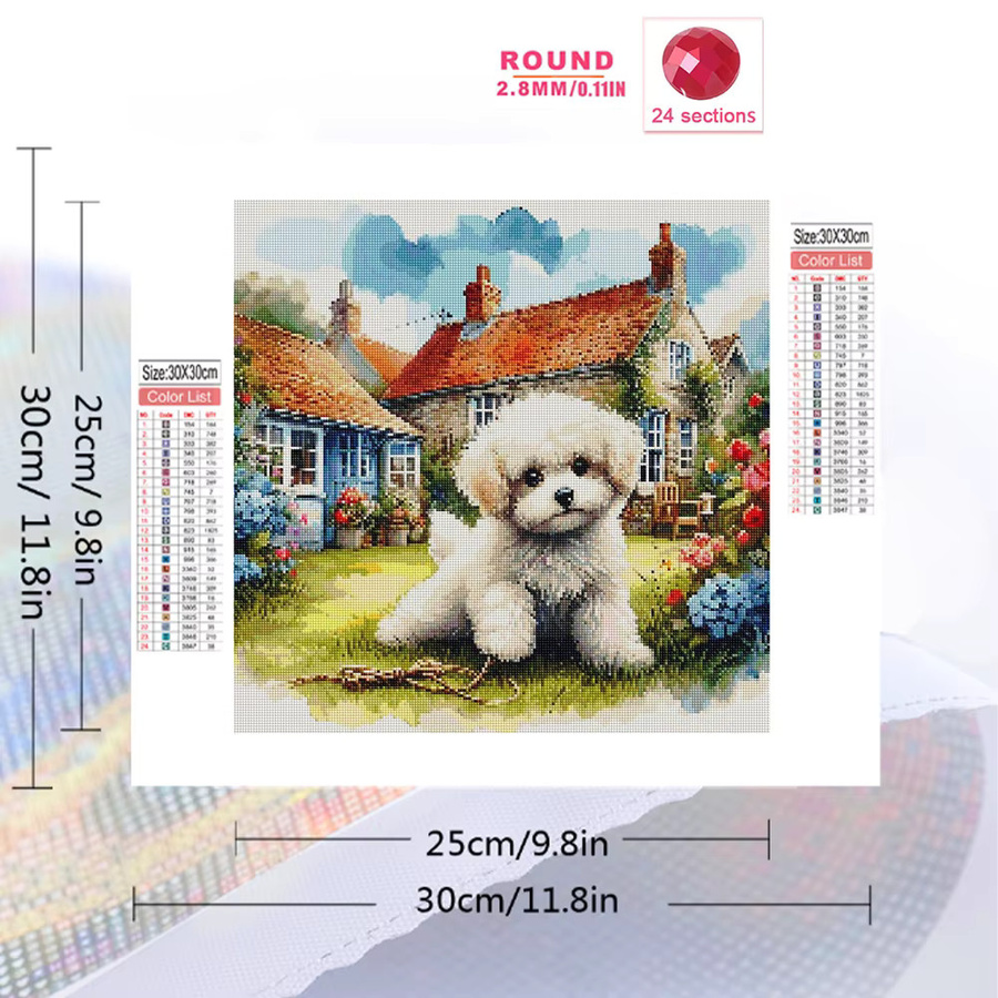 Momoart DIY Diamantmalerei Hund und Blumen als 5D Strass Mosaik Set in Mehrfarbig, Rund - Bild 2