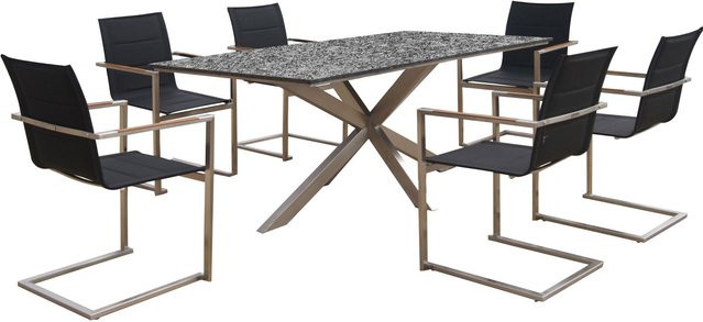 OUTFLEXX Garten-Essgruppe aus Edelstahl, Granit und Textil mit 6 gepolsterten Freischwingern und Teak-Armlehnen, Farbe: Silber/Schwarz, B/T: 200 x 100 cm - Bild 1