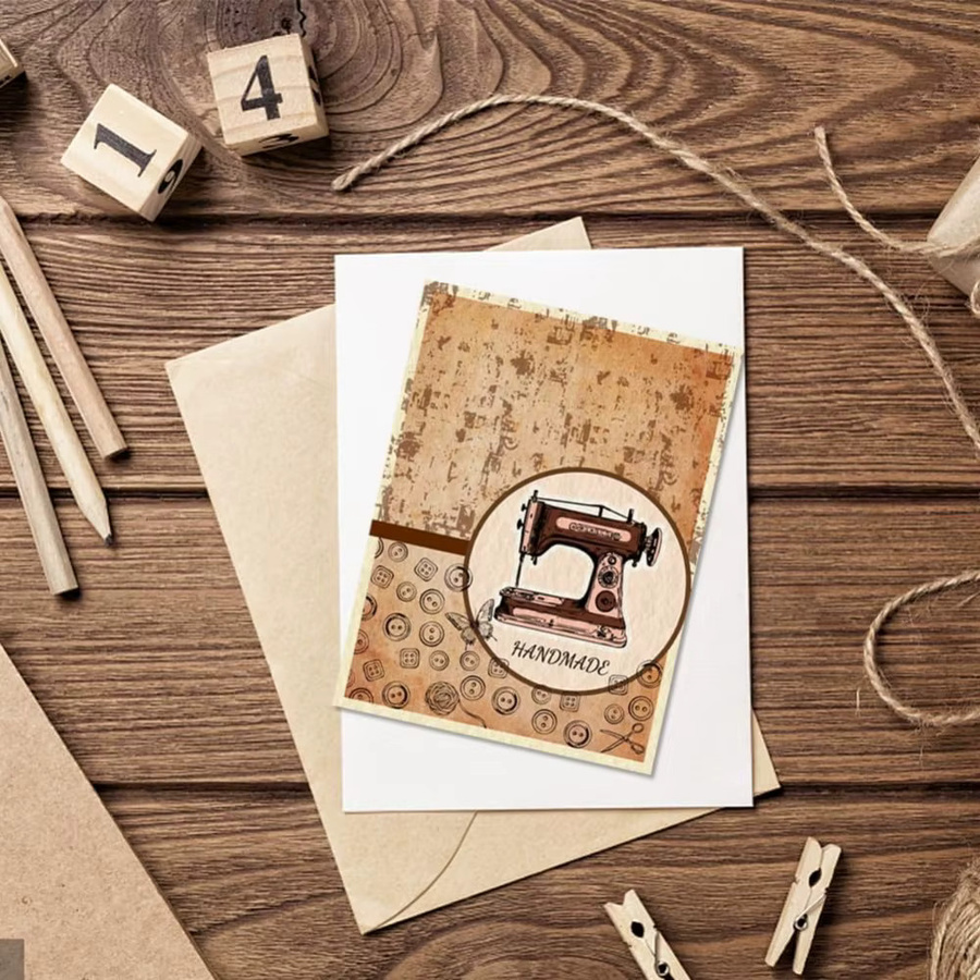 Transparente Silikonstempel im Vintage-Nähtext-Design mit Schaufensterpuppe und Nähmaschine für Karten und Siegel - Bild 3