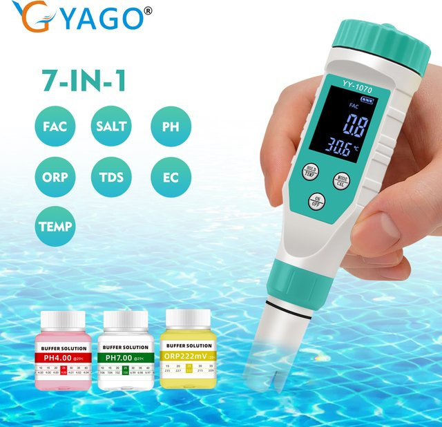 YAGO Digitales Poolwassertester ORP-Messgerät für Chlor, PH, Salzgehalt, TDS, EC und Temperatur in Weiß, Modell YY-1070 - Bild 1