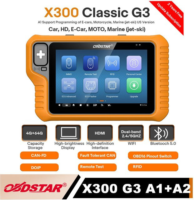 OBDSTAR X300 Classic G3 Schlüsselprogrammiergerät mit integriertem CAN FD DoIP für Autos, HD, E-Autos, Motorräder und Jet-Ski in Orange inklusive Schlüsselsimulator - Bild 1