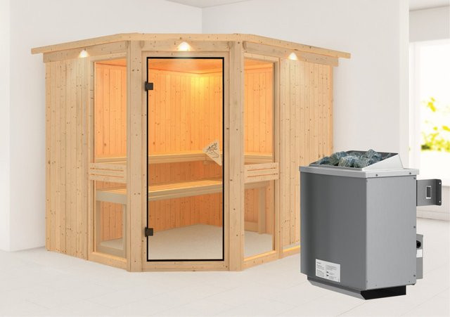 Karibu Sauna Anina 3 mit Ofen und integrierter Steuerung sowie LED-Dachkranz in Natur Braun - Bild 1