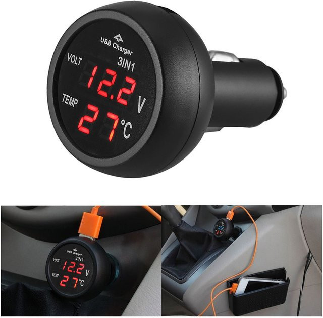 VST B7006 3-in-1 Autobatterie Spannungsadapter mit USB-Ladegerät und Temperaturmesser in Schwarz und Grün - Bild 1