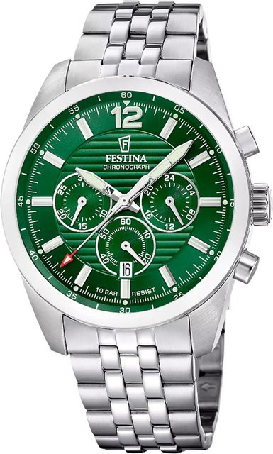 Festina Chronograph Herrenuhr, Edelstahl, Quarz, 44 mm, Grün, 10 ATM - Bild 1