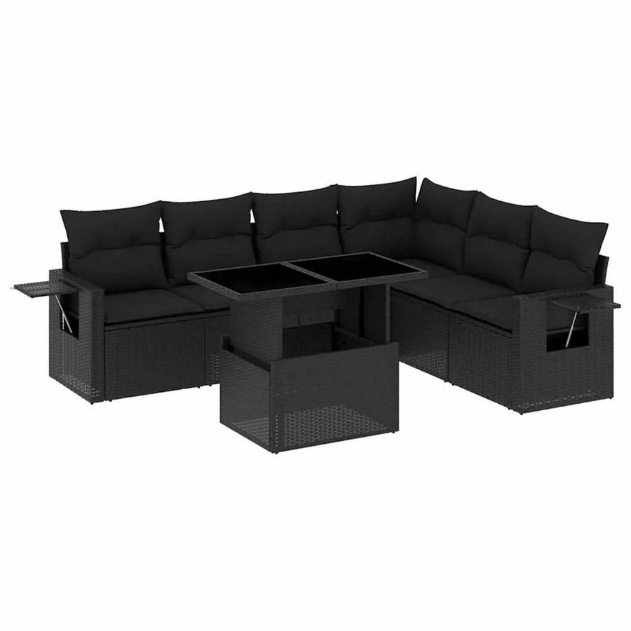 vidaXL 7-tlg Garten-Sofagarnitur in L-Form aus schwarzem Poly-Rattan mit Kissen und pulverbeschichtetem Stahlgestell - Bild 2
