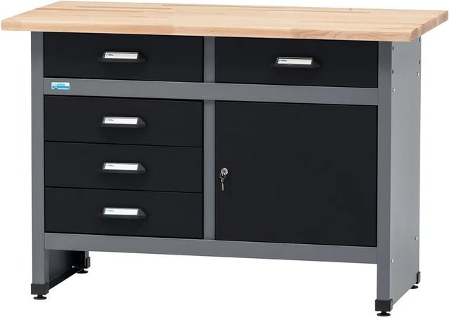 Küpper Werkbank Eintürig mit 5 Schubladen in Schwarz-Hellgrau, höhenverstellbar, B/T/H: 120 x 60 x 84 cm - Bild 1