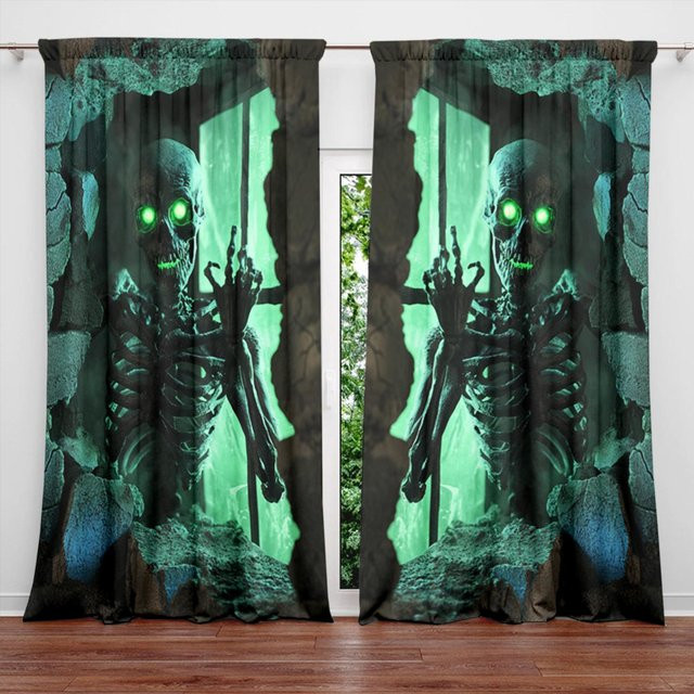 2er-Set Halloween Vorhänge mit Skelett-Print von Household supplies MH in Schwarz, B: 52,5 cm, H: 116 cm - Bild 1