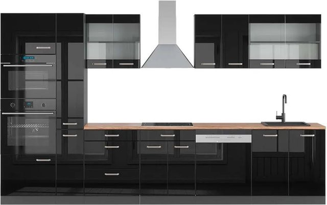 Vicco R-Line Küchenzeile in Schwarz Hochglanz und Anthrazit mit Hochschrank in Eiche, Breite: 350 cm - Bild 1