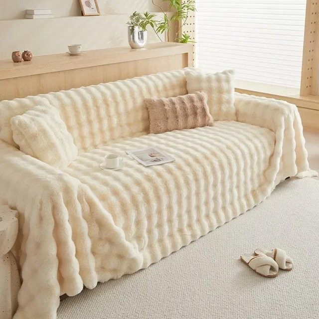 Weiches Sofa-Handtuch aus verdicktem Plüsch und Imitat-Kaninchenfell in Weiß, schmutzabweisend und rutschfest, B/B: 90 x 90 cm - Bild 1