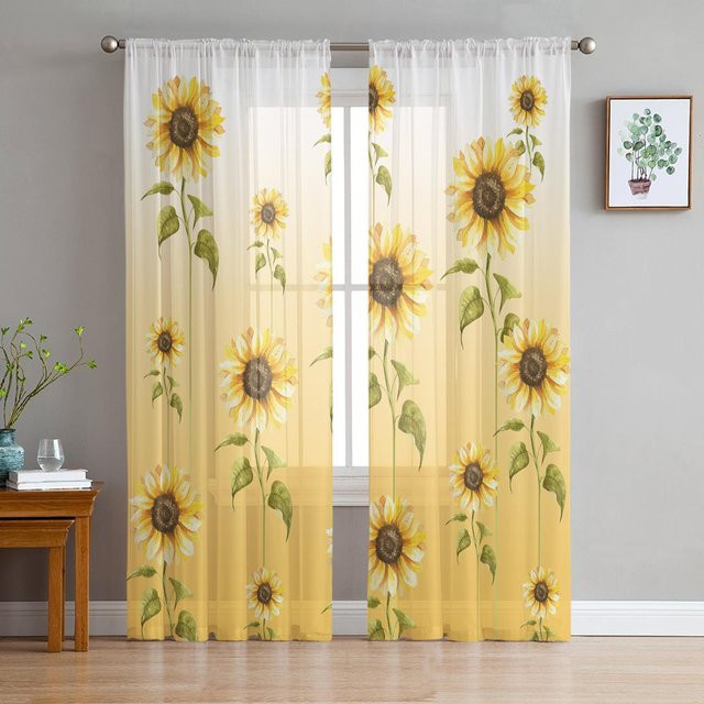 Transparente Tüll-Voile-Vorhänge mit Aquarell-Sonnenblumen-Design in Beige und Gelb, Breite: 135 cm, Höhe: 115 cm - Bild 1