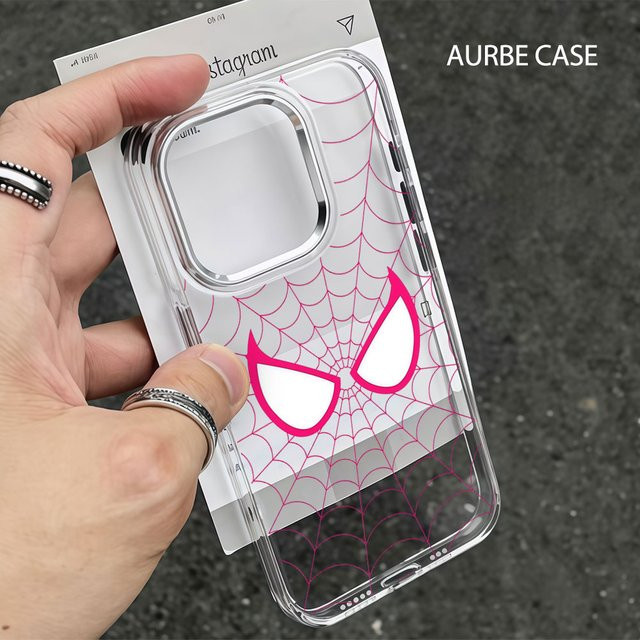 Aurbe Handyhülle für iPhone 17 16 15 14 13 12 11 Pro Max 16E mit silbernem Linsenrahmen, transparente Schale in Rosa mit Spinnennetz-Design - Bild 1