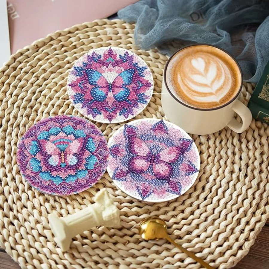 8 Stück Diamant-Kunst Untersetzer mit Halterung im Schmetterlings- und Floral-Design, DIY Set für Erwachsene, Mehrfarbig, Rund - Bild 3