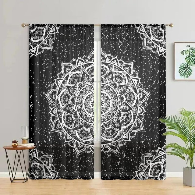 2er-Set Böhmische Mandala-Blume Vorhänge halbverdunkelnd in Schwarz Gold Grau, Breite: 150 cm, Höhe: 166 cm - Bild 1