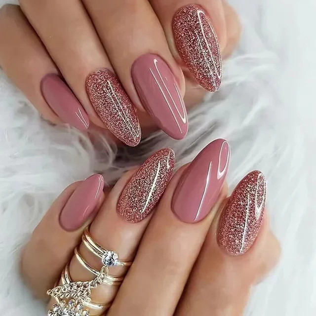 EOEKKY Kunstnägel, rosa Mandel-Glitzer, Schimmernd, 24 Stück, Damen - Bild 1