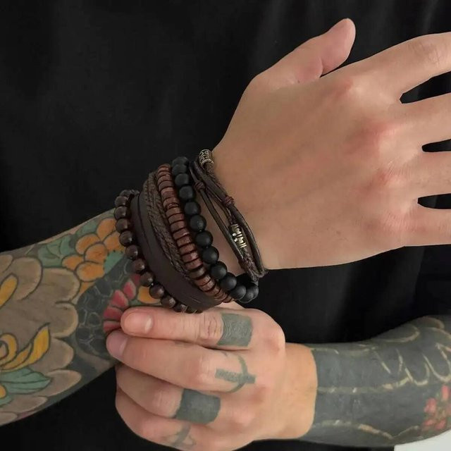 PuRui Armbänder, Leder, Braun, Perle, Herren, Vintage - Bild 1
