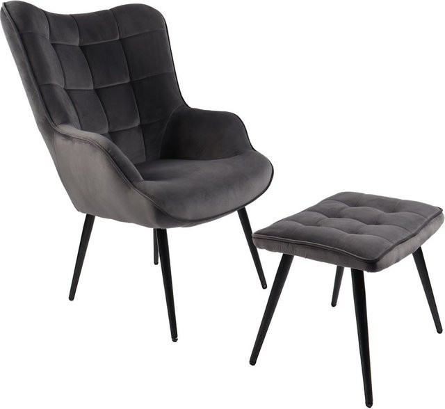 HC Home & Living Hochlehnsessel Ella mit Hocker in Anthrazit aus Bouclé-Stoff und Metall - Bild 1
