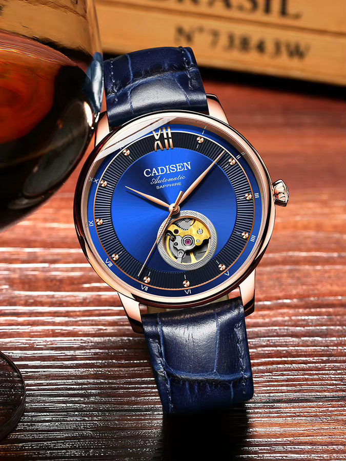 CADISEN Armbanduhr Automatik, Roségold, Blau, Leder, Herren - Bild 5