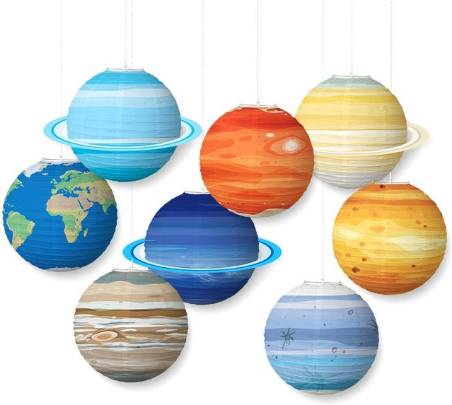 Merylover Runde Papier Laternen mit Planeten- und Sternenhimmel-Motiv in Beige Gelb für Kindergeburtstage, Partys und Festivals - Bild 1
