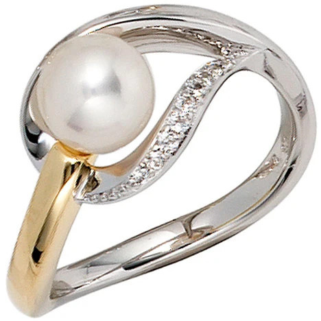 Colfem Ring 585 Weißgold, Gelbgold, Süßwasser Perle, 9 Diamanten, Damen, 54 - Bild 1