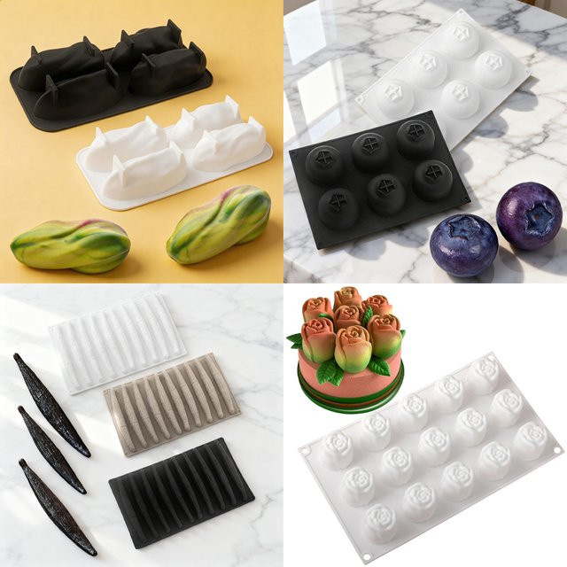 SHENHONG Silikon Schokoladenform für Mousse und Kuchen mit verschiedenen Designs wie Erdnuss, Pekannuss, Pistazie, Vanille, Blaubeere oder Rose, rund - Bild 1