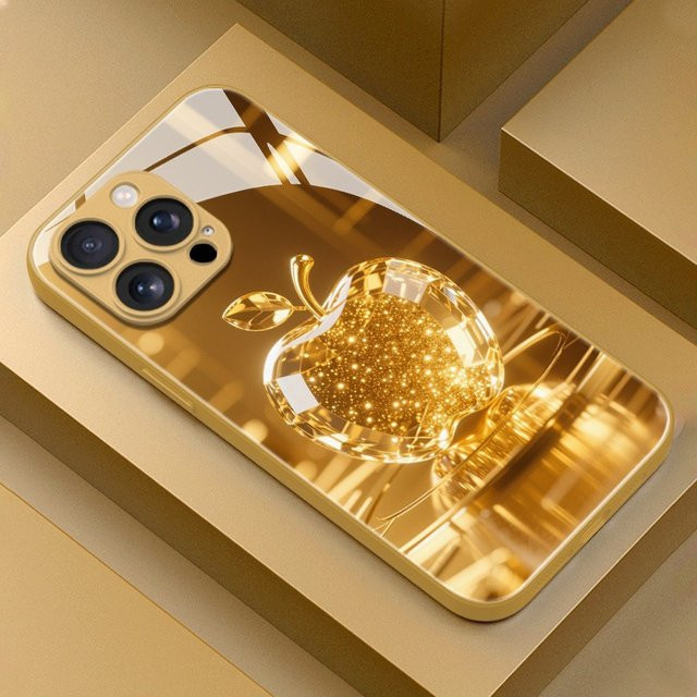 Goldene iPhone Hülle mit Kristall-Design und Apple-Muster in Metallic-Optik für iPhone 11 bis iPhone 18 Pro Max Plus und 17Air 16E - Bild 1