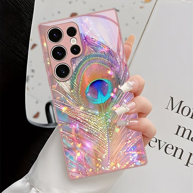 Sturzsichere Glas-Handyhülle mit Pfauenfeder-Print für Samsung Galaxy S26 S25 S24 S22 S21 S20 FE Ultra Plus, Mehrfarbig - Bild 1