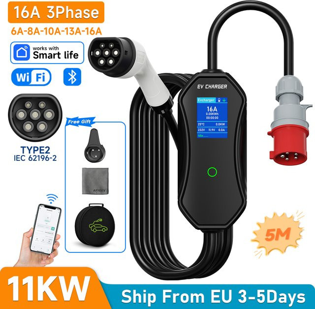 AFEEV Tragbares Typ-2 EV-Ladegerät 11kW 16A mit WiFi und Bluetooth APP-Steuerung, Schwarz - Bild 1